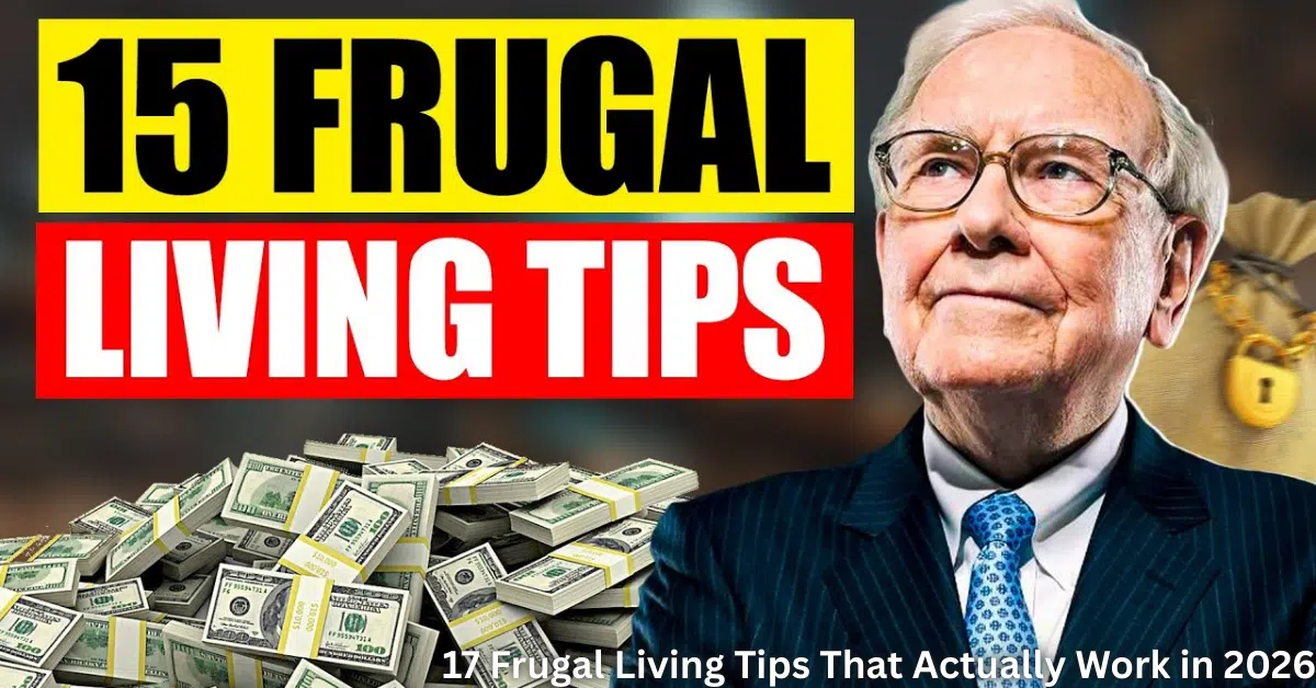 Home 23 Warren Buffett sharing 17 frugal living tips that actually work in 2026 with stacks of cash and bold yellow highlights on a vibrant thumbnail.