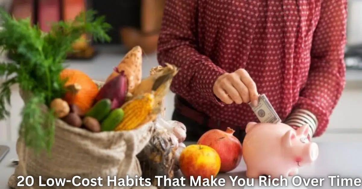 Home 29 Person saving money by putting cash into a piggy bank beside fresh groceries, symbolizing low-cost habits and smart financial planning over time.