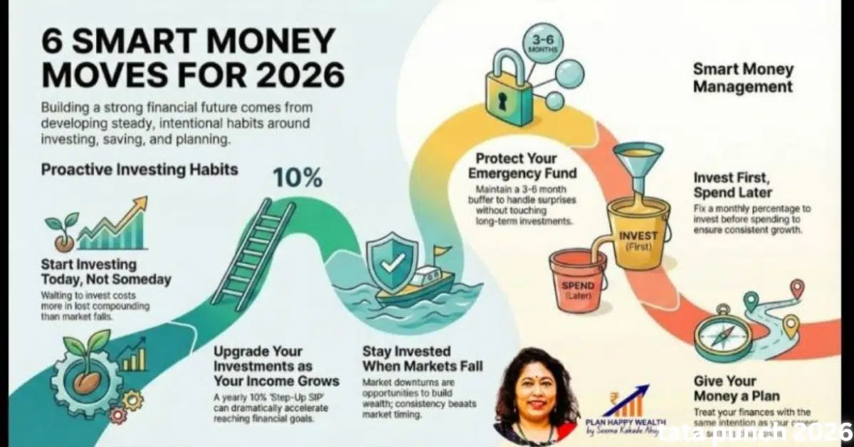 Home 22 Infographic titled “6 Smart Money Moves for 2026” showing investing early, upgrading investments, staying invested during market dips, protecting an emergency fund, investing before spending, and giving money a clear plan.