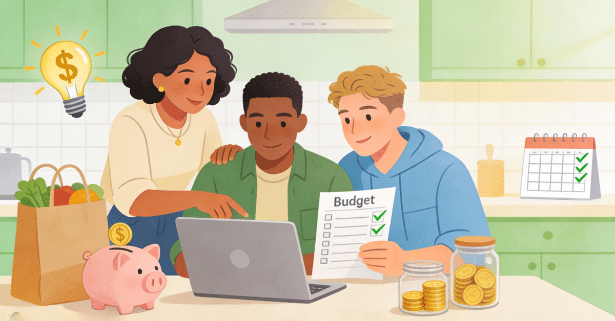 Home 30 Bright lifestyle illustration of diverse people at home reviewing money-saving hacks like budgeting, groceries, and utilities for practical personal finance tips.