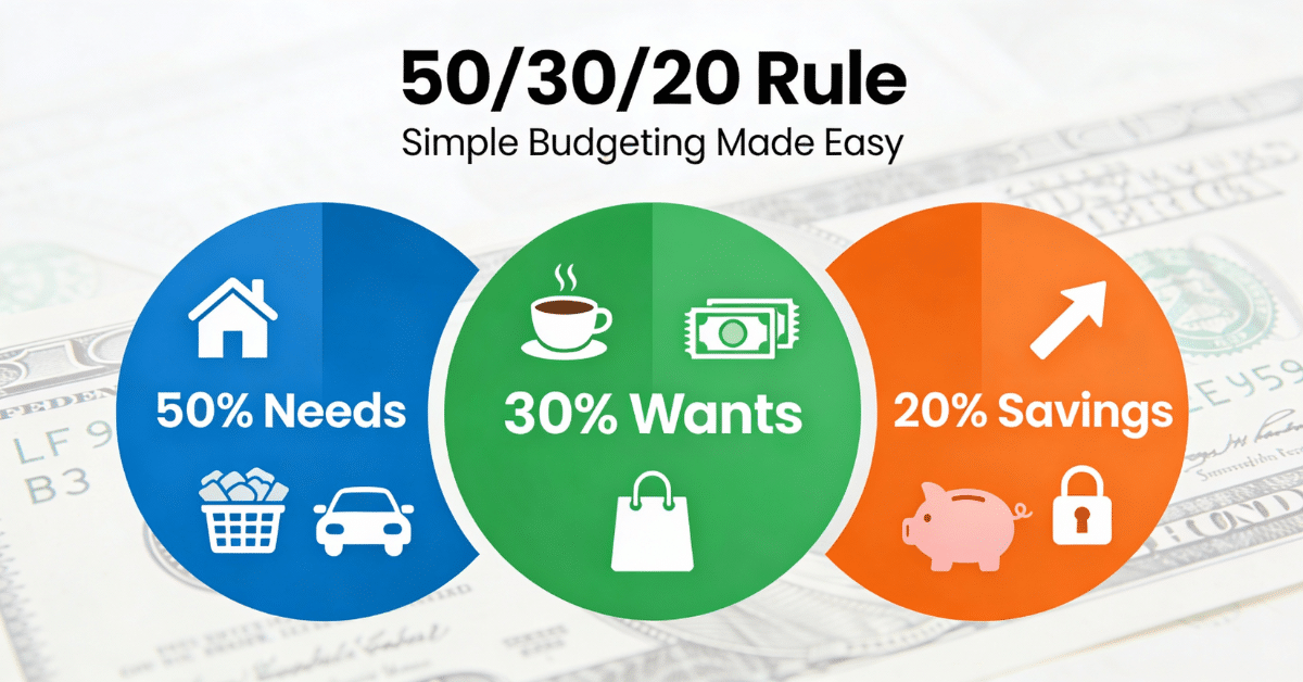 Home 11 50/30/20 rule pie chart showing 50% needs, 30% wants, 20% savings for simple budgeting method