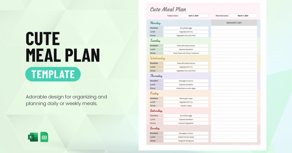Home 17 Pastel-themed “Cute Meal Plan Template” showing a weekly meal planner with days of the week, breakfast, lunch, dinner sections, and a grocery list on the side.