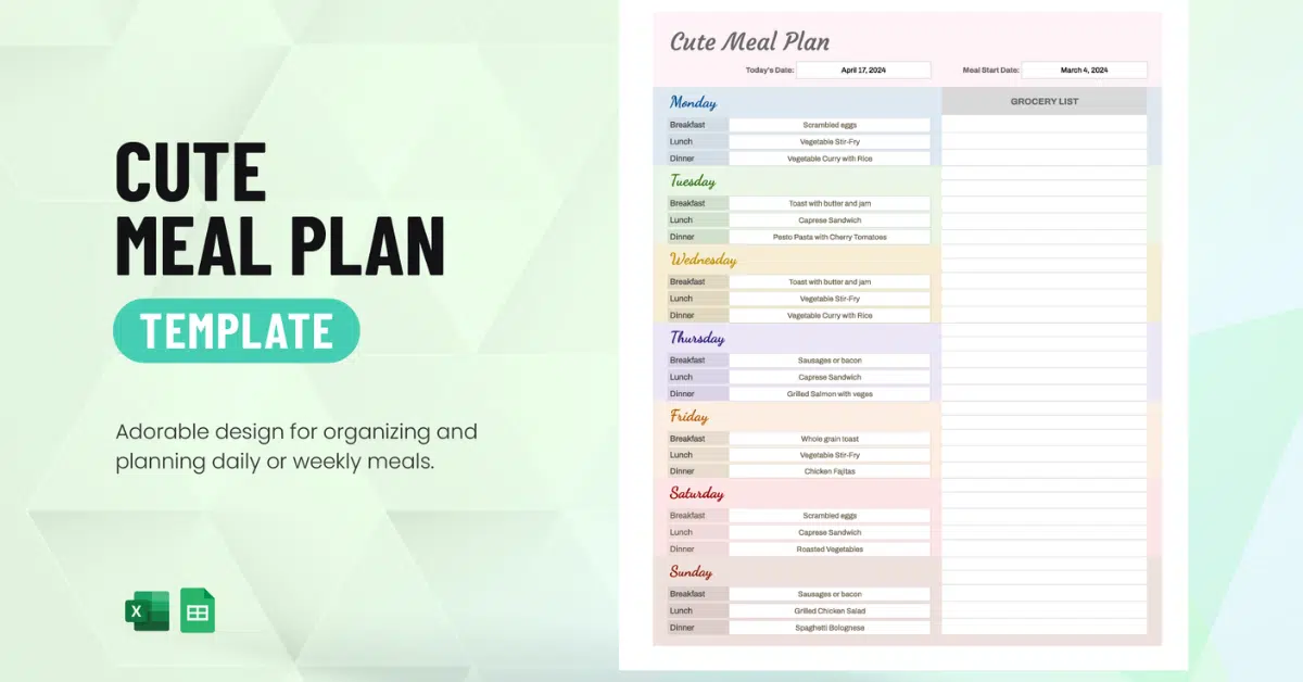Home 17 Pastel-themed “Cute Meal Plan Template” showing a weekly meal planner with days of the week, breakfast, lunch, dinner sections, and a grocery list on the side.