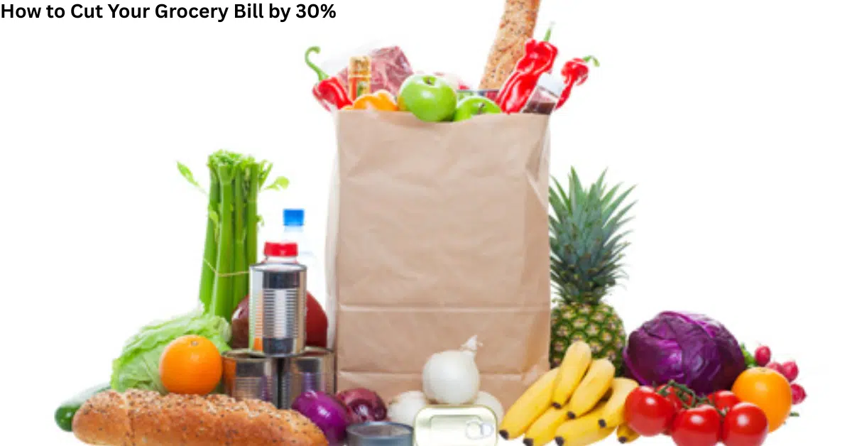 Home 18 Grocery bag filled with fresh fruits, vegetables, bread, and pantry staples illustrating tips to cut your grocery bill by 30%.