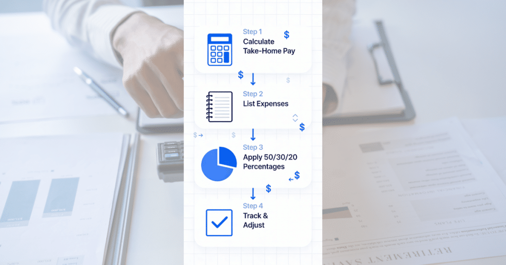 50/30/20 Rule Explained: Simple Budgeting Formula 1 Step-by-step flowchart to implement 50/30/20 rule: calculate pay, list expenses, apply percentages, track budget