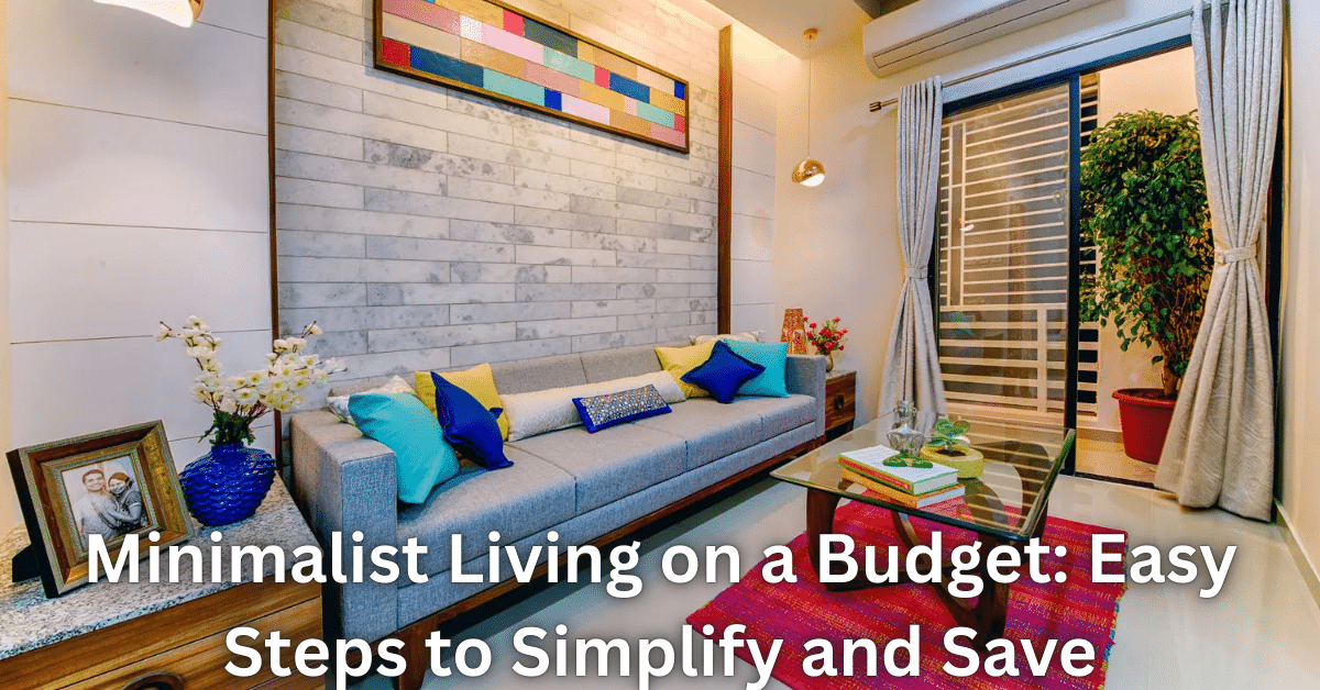 Home 8 Minimalist living room with a grey sofa, colorful cushions, glass coffee table, wall art, and balcony curtains, promoting budget-friendly simple living.