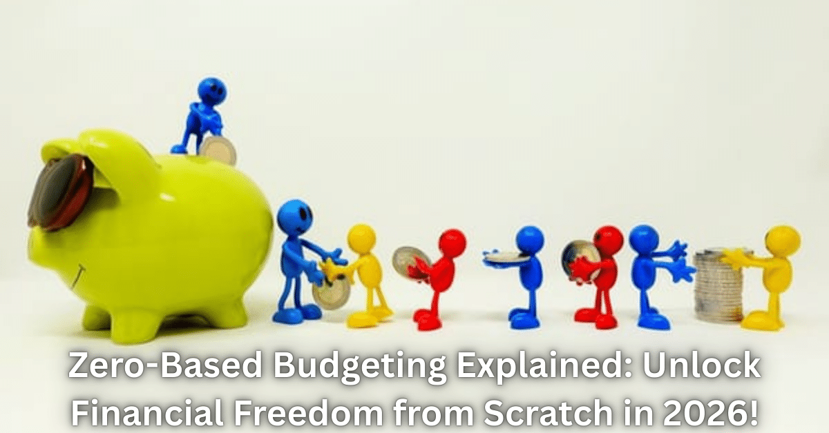 Home 9 Colorful figurines placing coins into a green piggy bank, illustrating zero-based budgeting where every dollar is assigned a purpose to build savings in 2026.