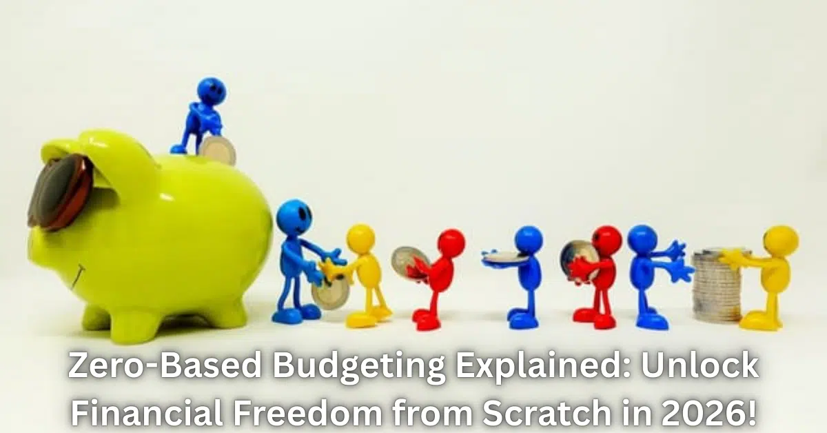 Home 9 Colorful figurines placing coins into a green piggy bank, illustrating zero-based budgeting where every dollar is assigned a purpose to build savings in 2026.