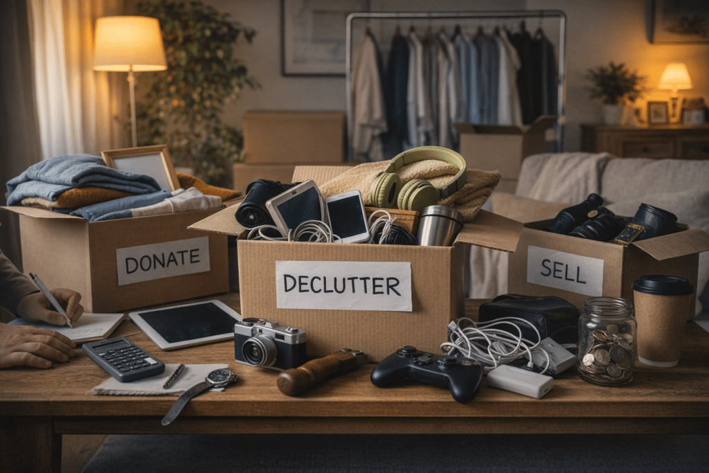 21 Things to Stop Buying to Save Money 1 Household items sorted into declutter, donate, and sell boxes on a table during a minimalist home clean-out.