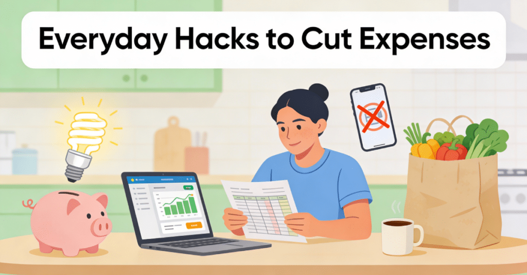 Cozy kitchen illustration of a person tracking expenses with icons for piggy bank savings, reusable grocery bags, LED lights, and subscription cuts.