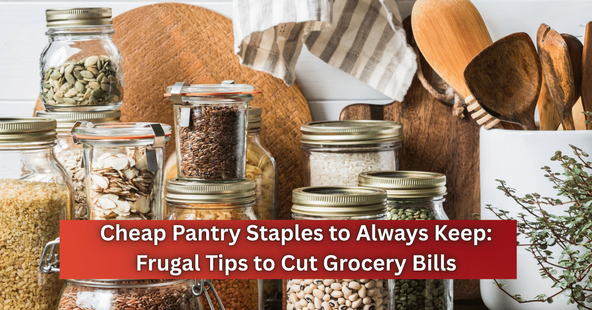Home 2 Cheap pantry staples stored in glass jars, including rice, lentils, oats, beans, and grains, for frugal grocery shopping and budget meal planning
