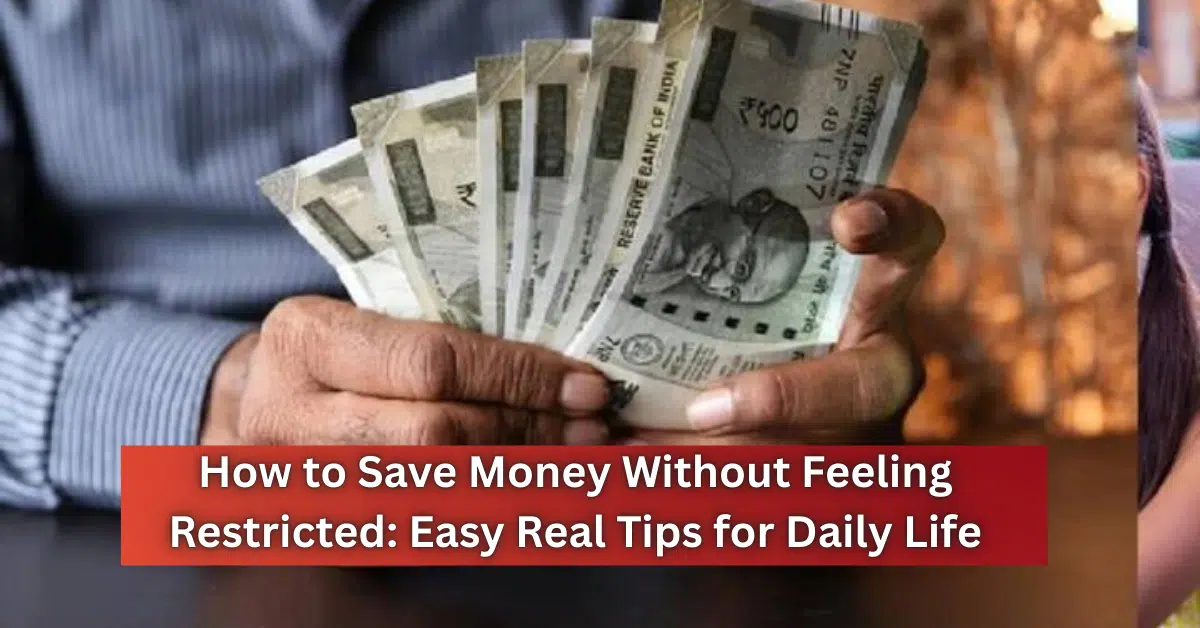Home 1 erson holding Indian currency notes while planning savings, showing practical ways to save money without feeling restricted in daily life